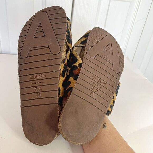 Anacapri Leather Leopard Print Pony Hair Criss Crop Wide Strappy Slip On Sandals - Picture 9 of 10